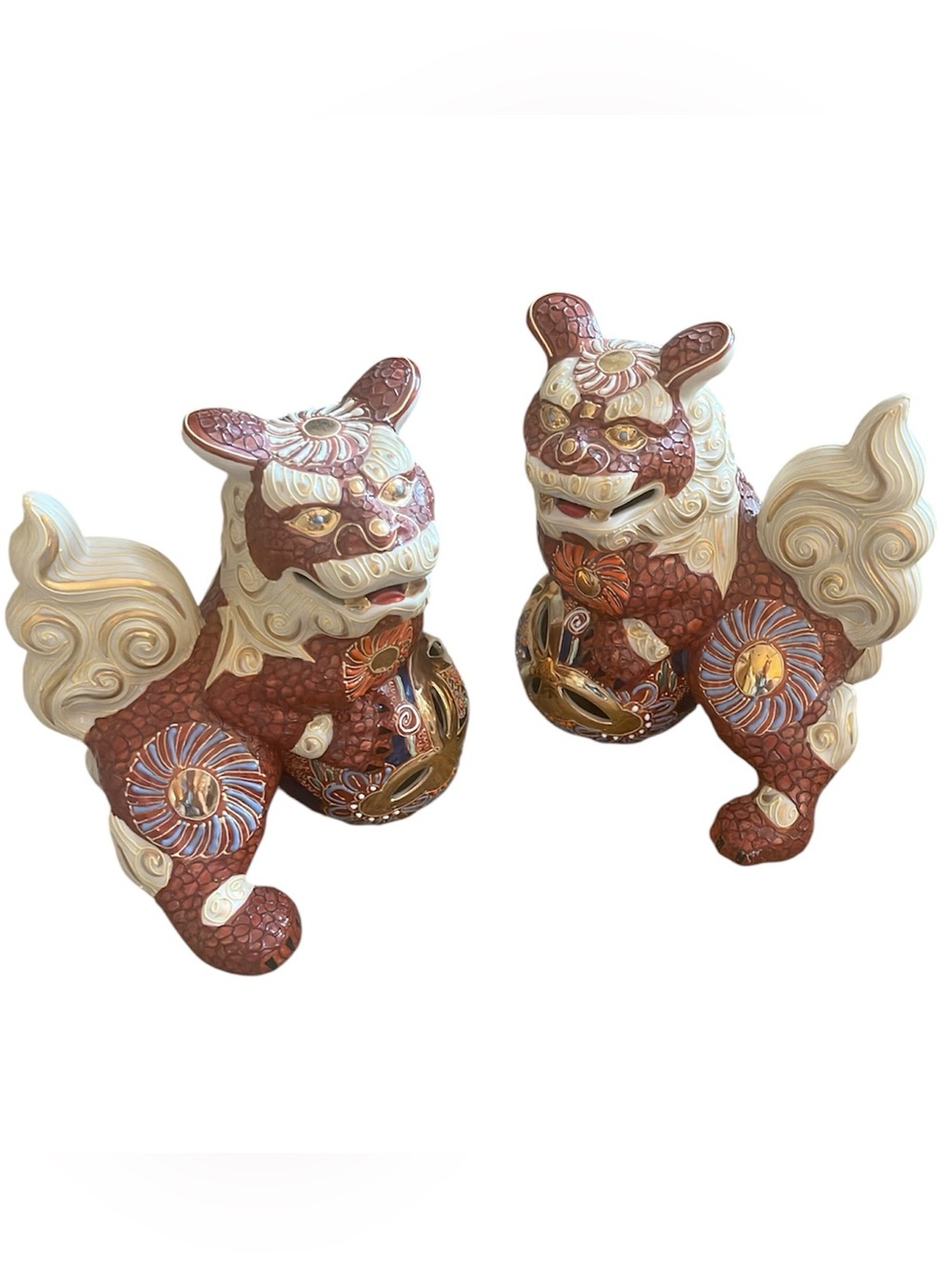 Foo Dogs Red Orange Gold Cream Ceramic Statues - Decorative Pair